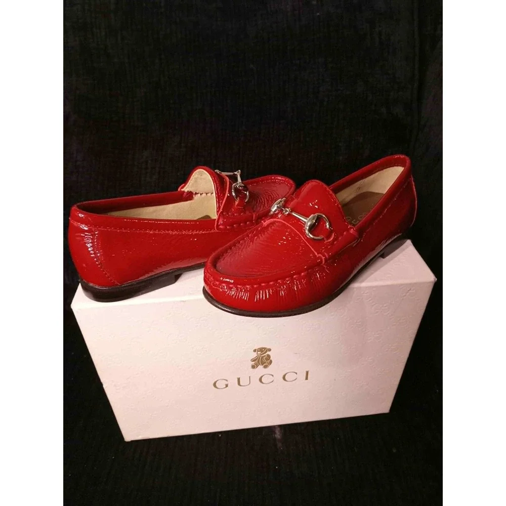 Gucci Kids Red Patent Leather Horsebit Loafers Shoes EU 28 338745